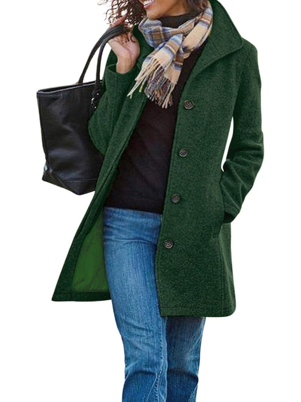 Women's Green Casual Comfortable Thicken Winter Wool Blend Stand Collar Pea Coat